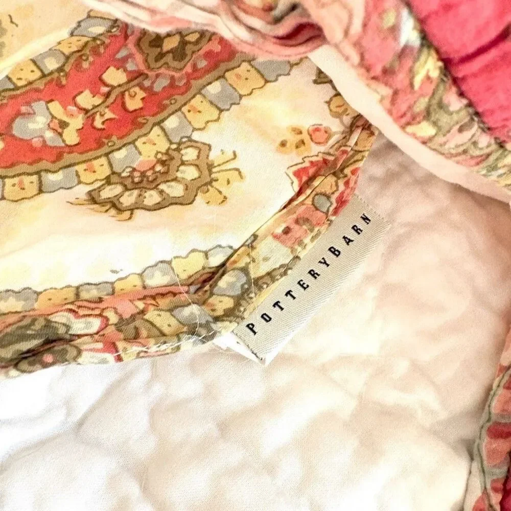 Pottery Barn Reversible Bird Floral Paisley Cotton King Quilt 2 Standard Shams
